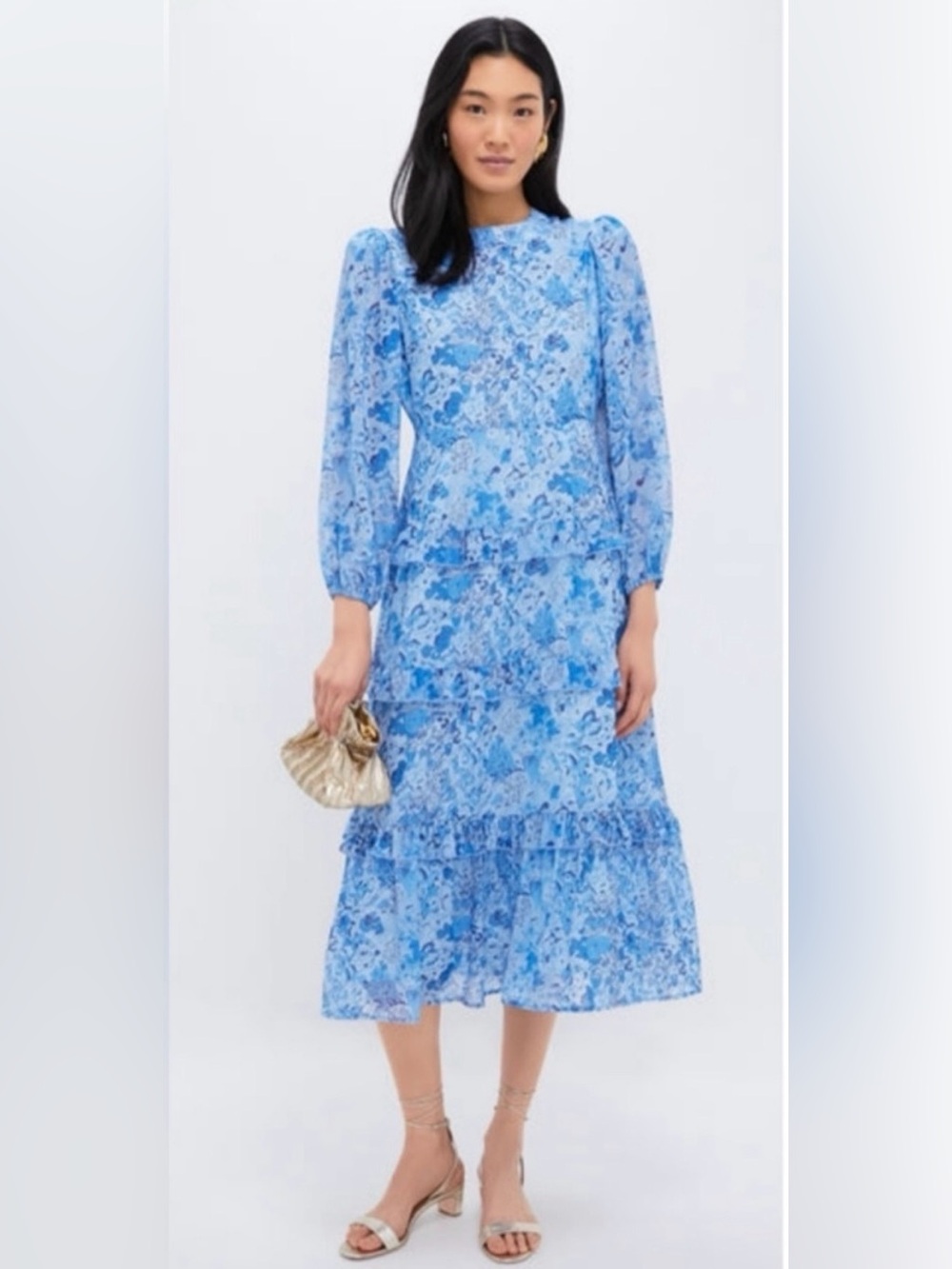 Hyacinth House Tuckernuck Blue Floral Tiered Ruffle Midi Dress XXS